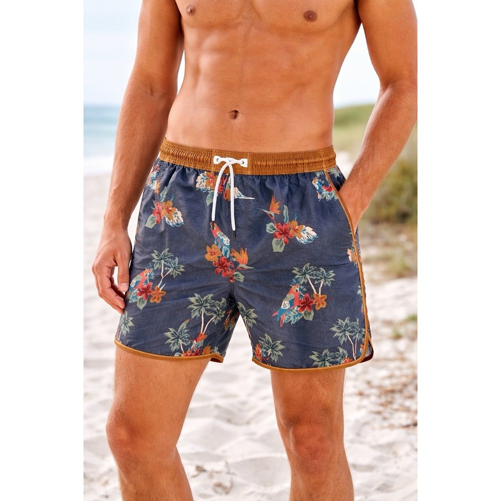 Maamgic Men's Swim Trunks Dark Blue Tropical Floral‎ Parrot Swim Shorts XLarge